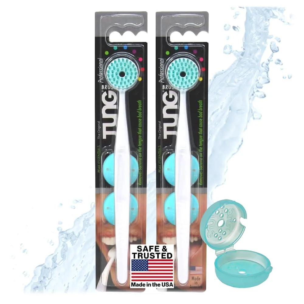 Two white tongue brushes with wide heads and protective caps