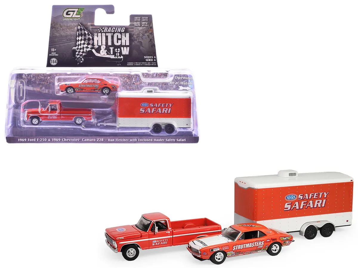 GREENLIGHT GREENLIGHT 1969 Ford F-250 Red &amp; Chevrolet Camaro Z28 Orange w/Trailer 1/64 Diecast Hobby Collectible — product photo
