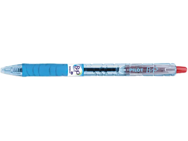 Twelve retractable ballpoint pens with translucent blue barrels and red ink
