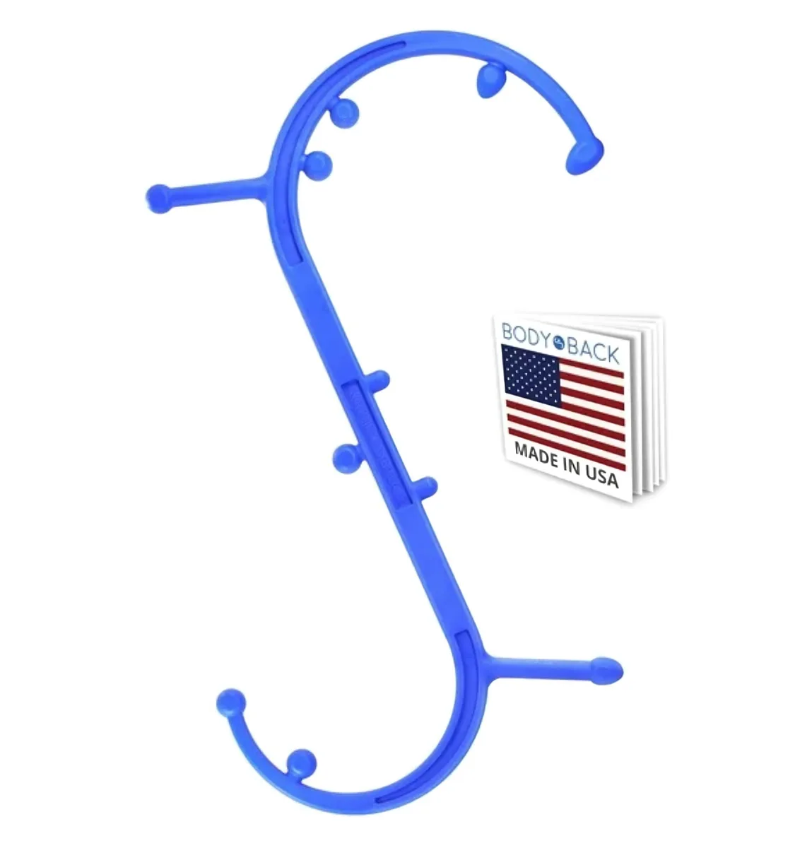 Blue plastic manual massage cane with two hooks and multiple knobs