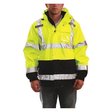 Yellow-green hi-vis rain jacket with packable hood, zip front and storm flap