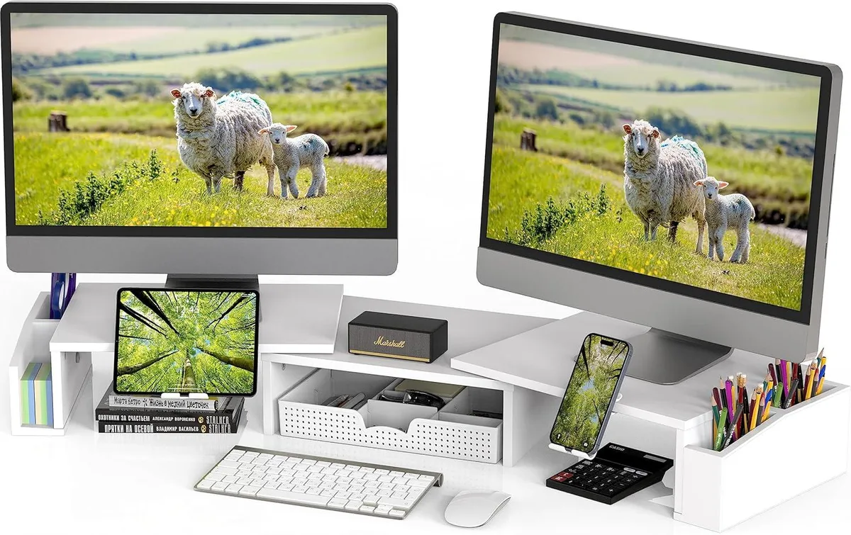 PISKEKAT PISKEKAT Dual Monitor Stand Riser with Drawer White 29.13–40.9" L — product photo