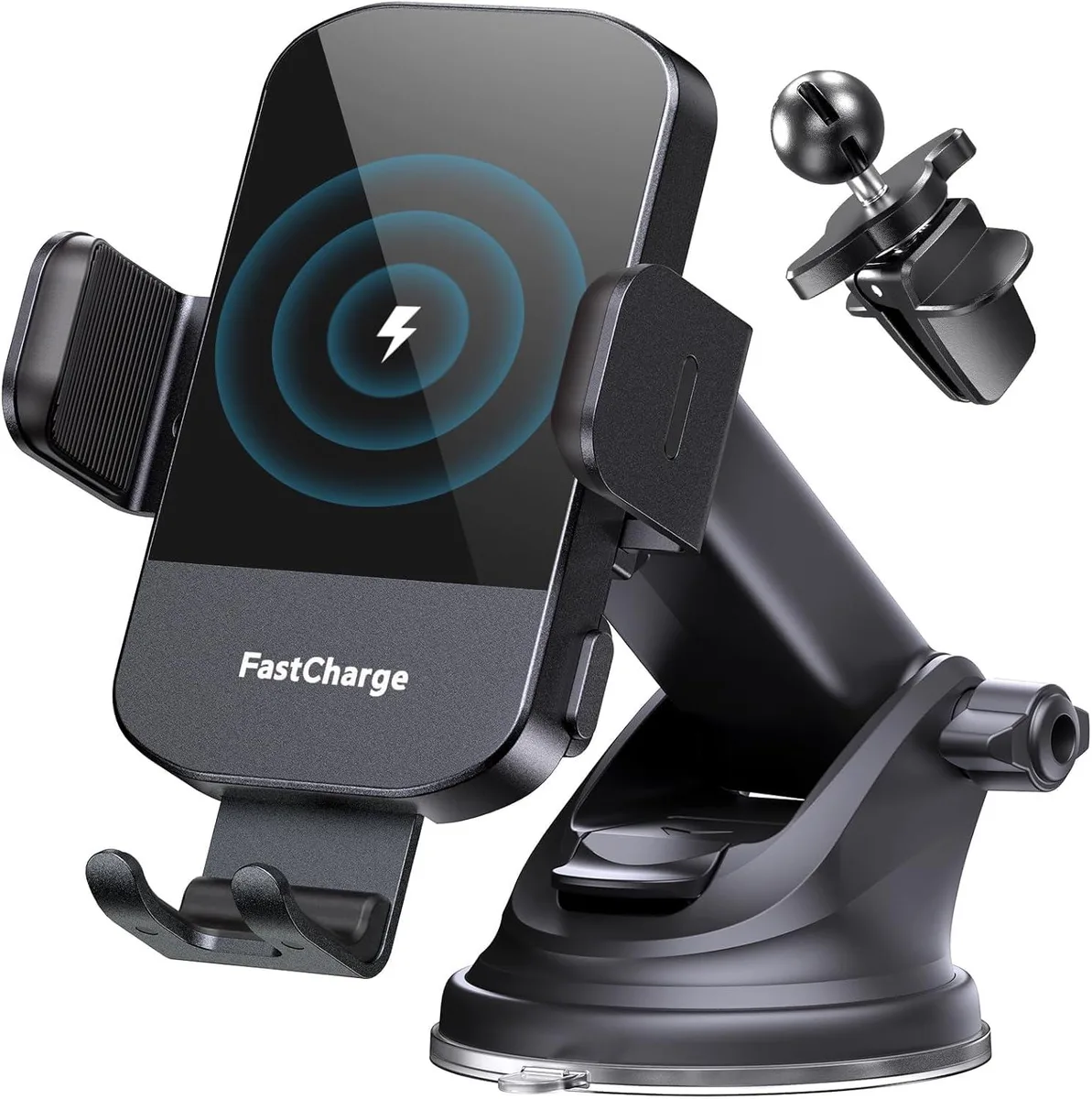 Black wireless car charger with auto-clamping arms and USB-C cable