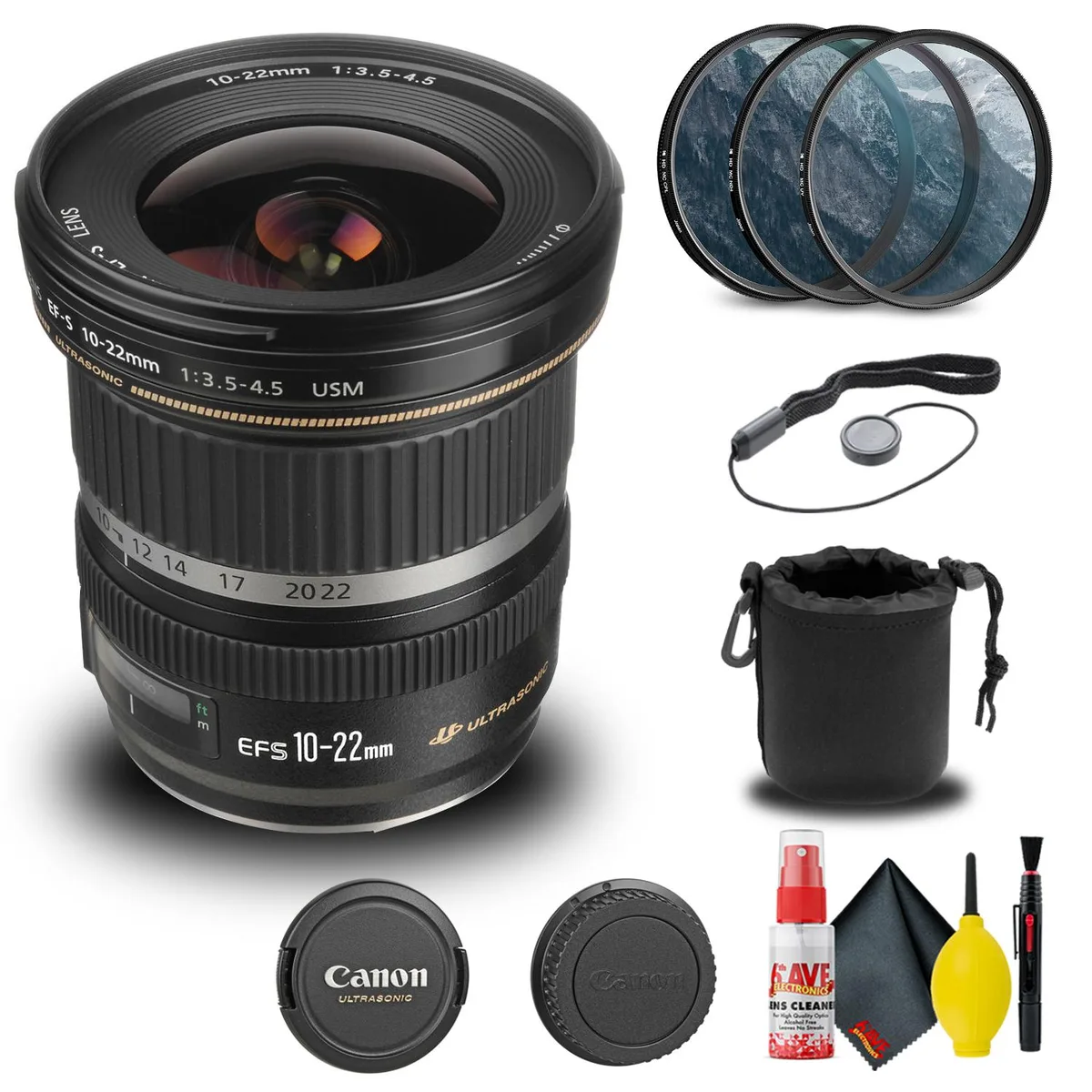 Canon Canon EF-S 10-22mm f/3.5-4.5 USM Lens + Filter Kit + Pouch + Cleaning Kit — product photo