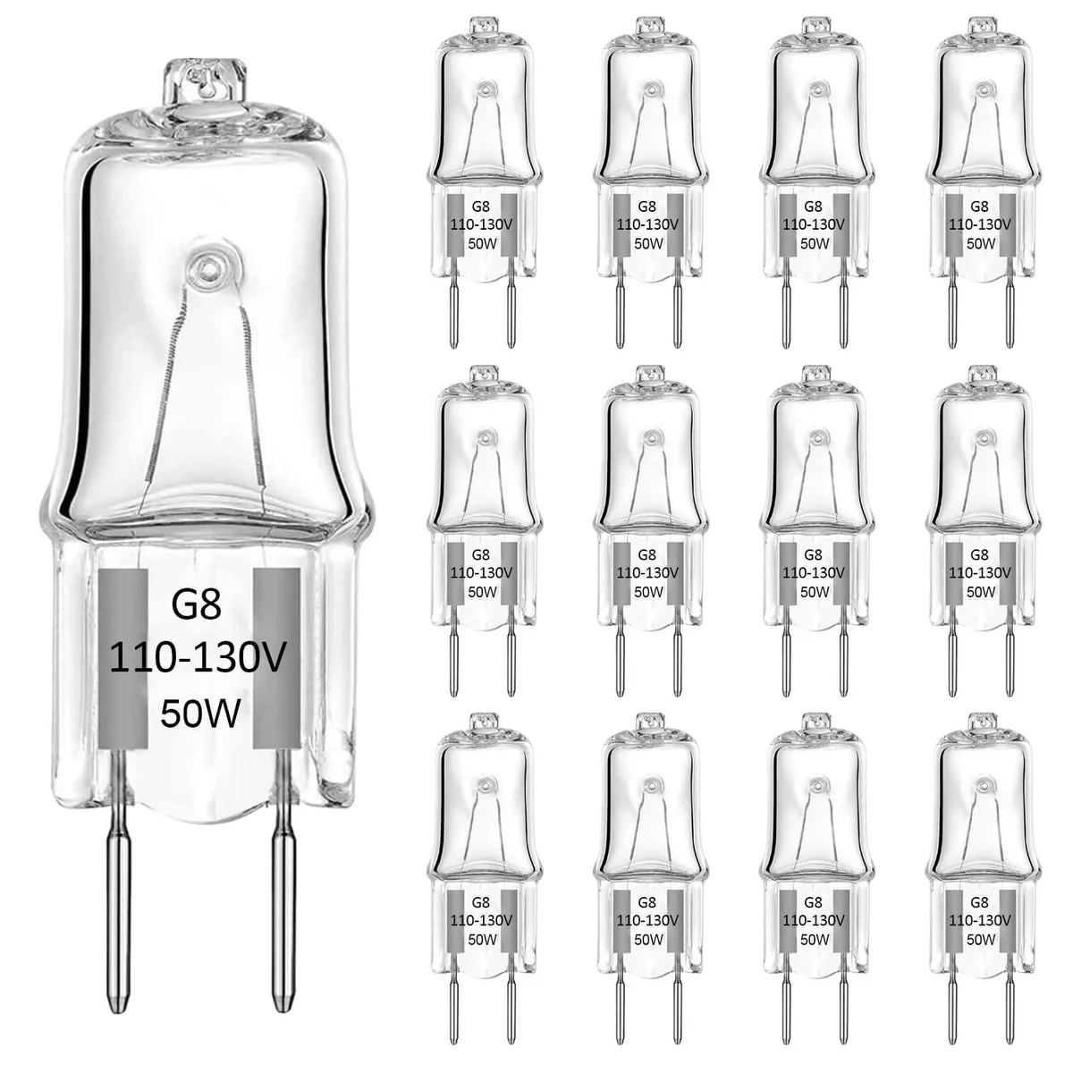 Twelve clear halogen capsules with two pins in a cardboard pack