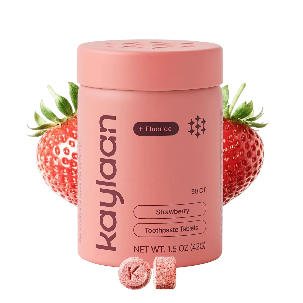 Small white jar holding 90 strawberry fluoride toothpaste tablets