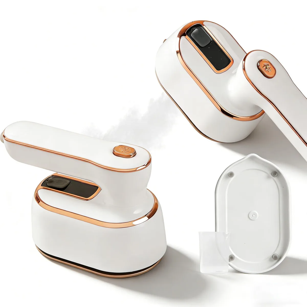 White foldable mini steamer, compact rectangular shape with smooth panel, 5.5 by 4.7 by 3.5 inches