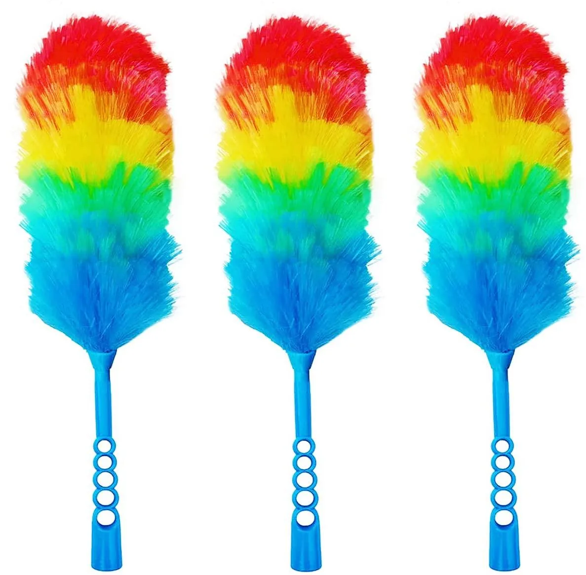 Three 19 inch rainbow static feather dusters with bendable washable heads