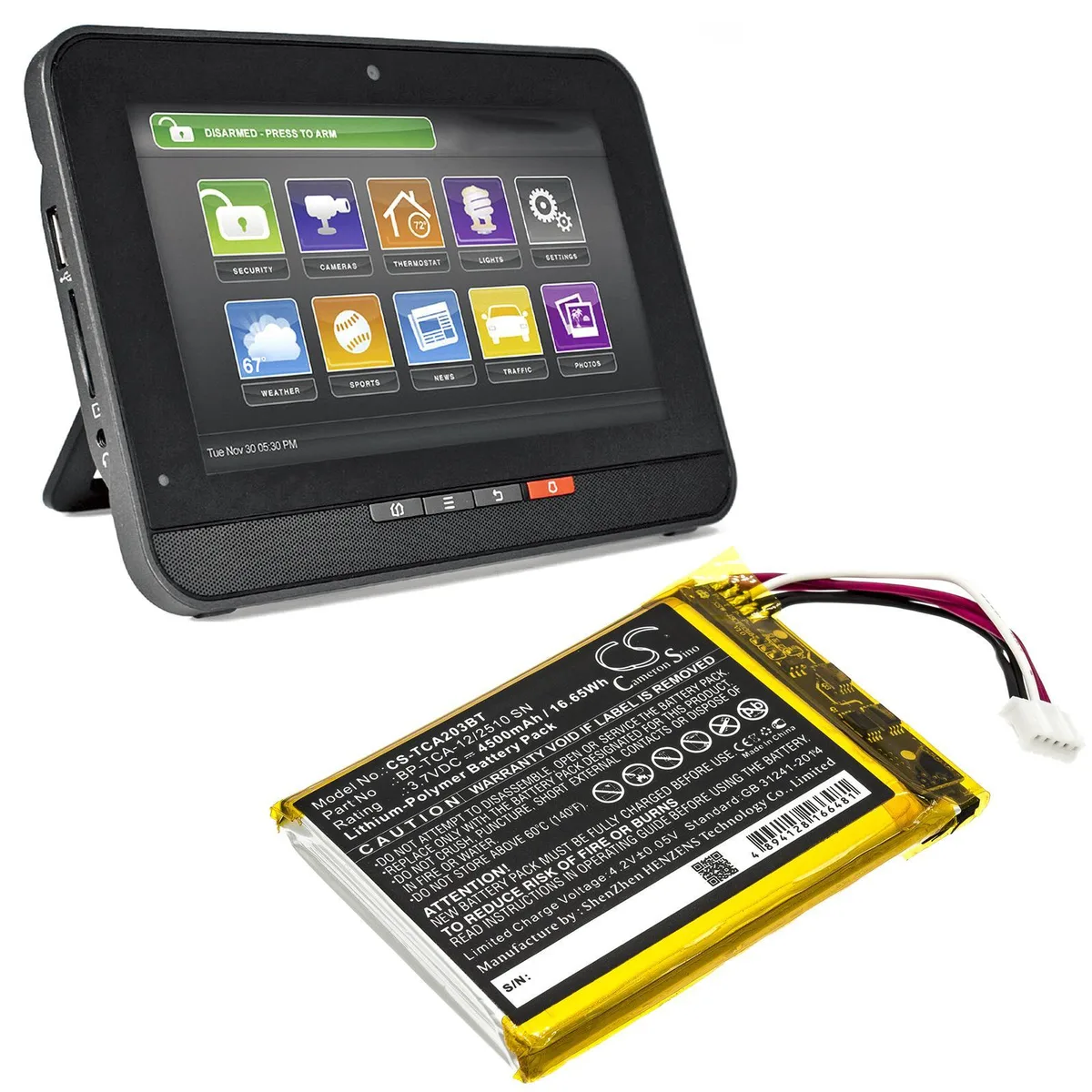 Rectangular replacement battery with black plastic casing and visible connectors