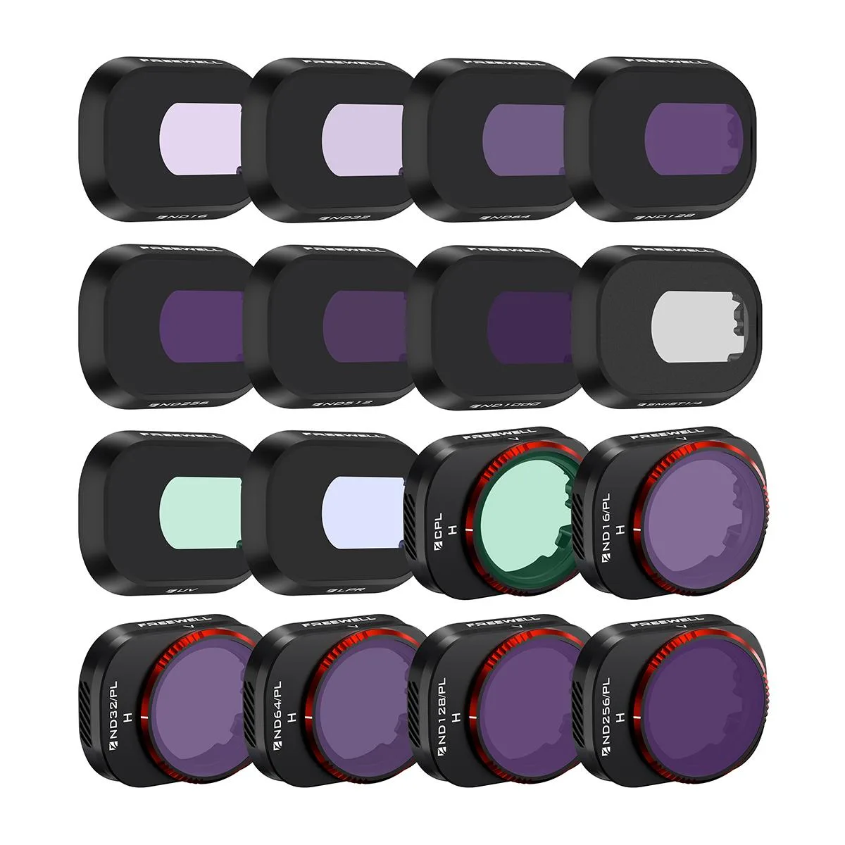 Black rectangular filter case with 16 circular lens filters inside