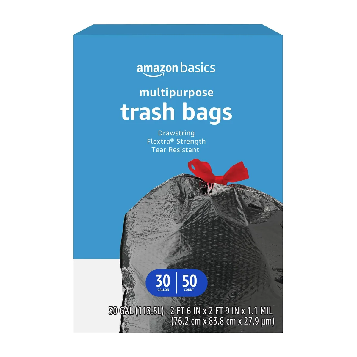 White 30 gallon trash bags in a 50 count box with red drawstring closure