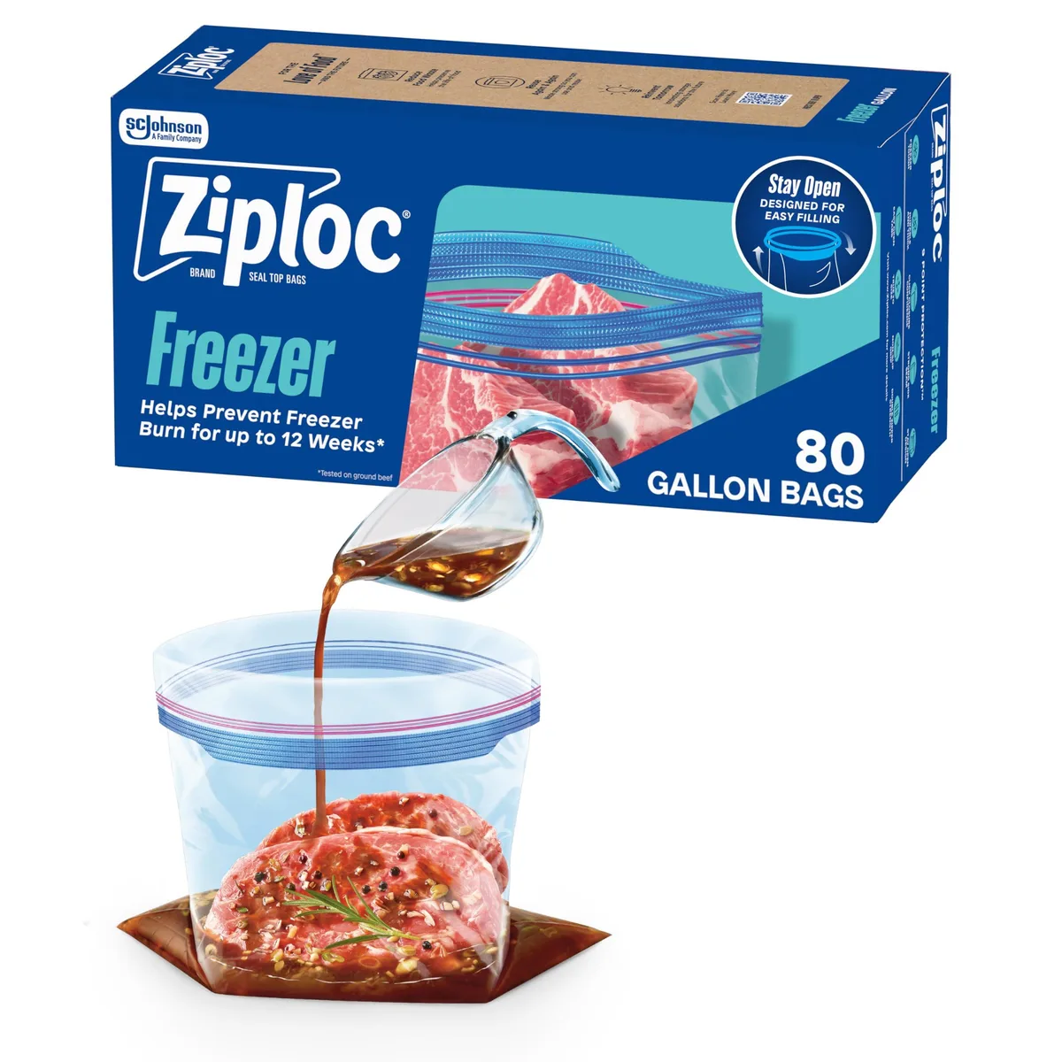 Box of 80 beige stand-up freezer bags with zipper closure