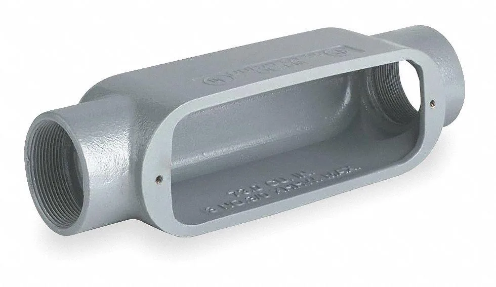 Gray powder-coated aluminum conduit outlet body, straight threaded hubs, flat back, C-style form factor