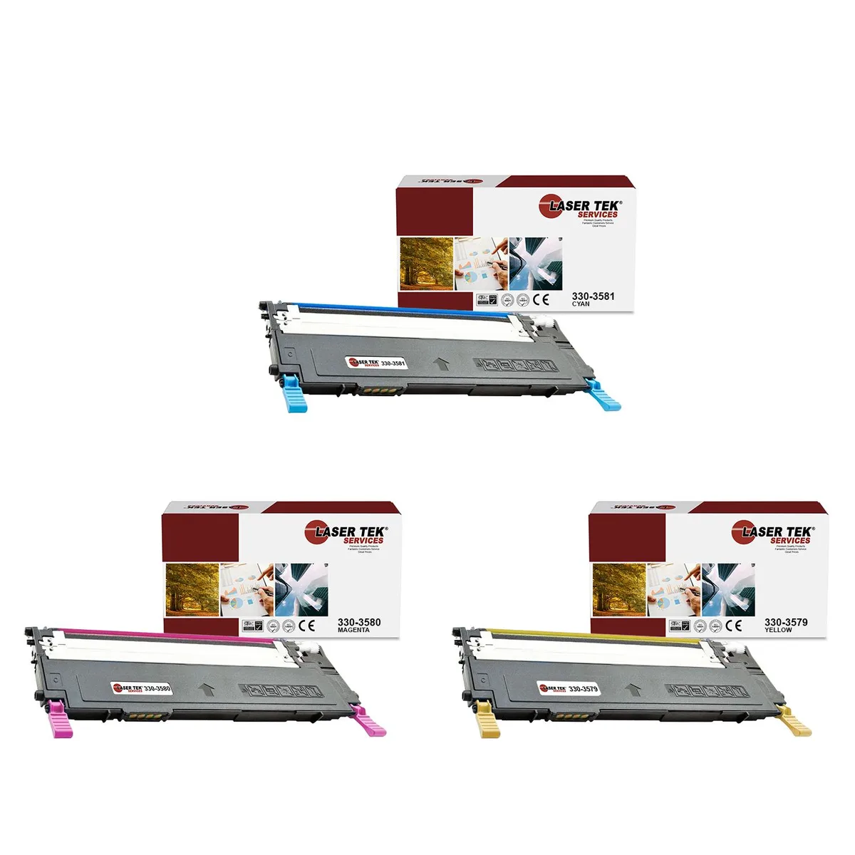 Laser Tek Services Laser Tek Services Toner Cartridge 330-3581 330-3580 330-3579 3-Pack Cyan Magenta Yellow — product photo