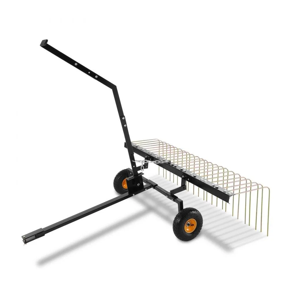 Wide 60-inch steel tow-behind dethatcher with 24 tines, inflatable tires and lift handle