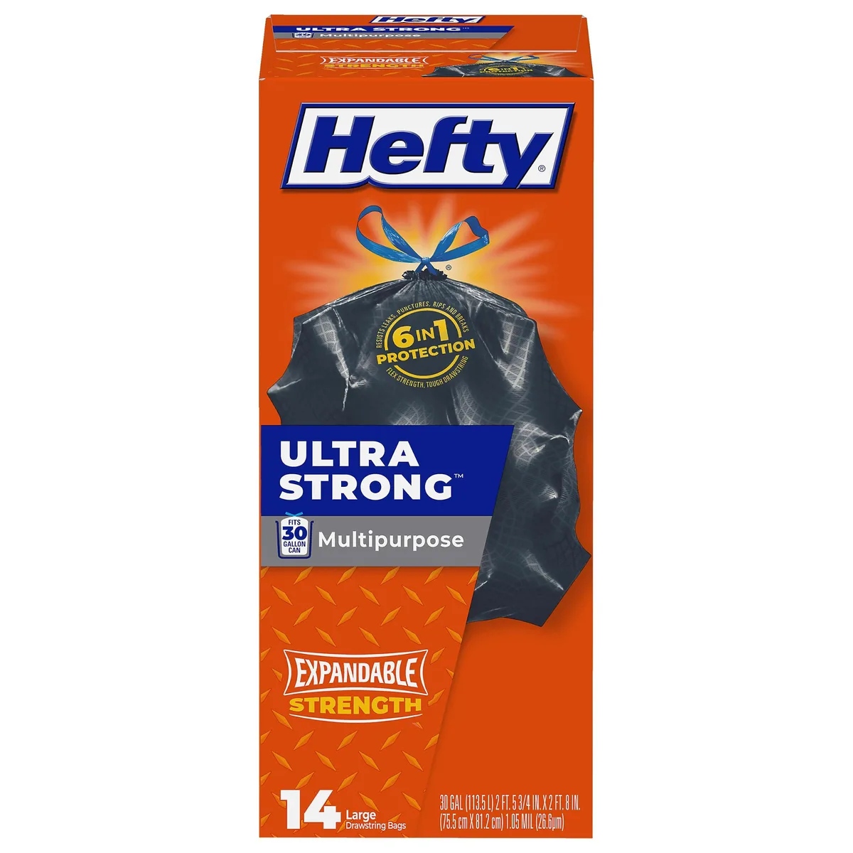Black 30-gallon trash bags, 14-count pack, drawstring closure