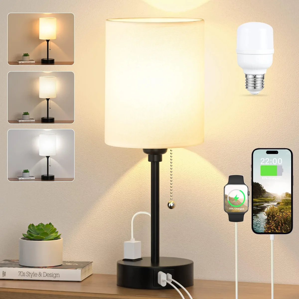 Small drum-shaped table lamp with linen shade, matte finish, pull chain and built-in USB-C, USB and AC ports