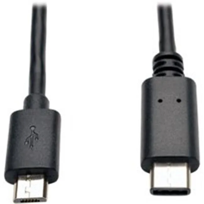 Six-foot USB 2.0 cable with Micro-B male and reversible USB-C male connectors, nickel-plated, molded strain relief