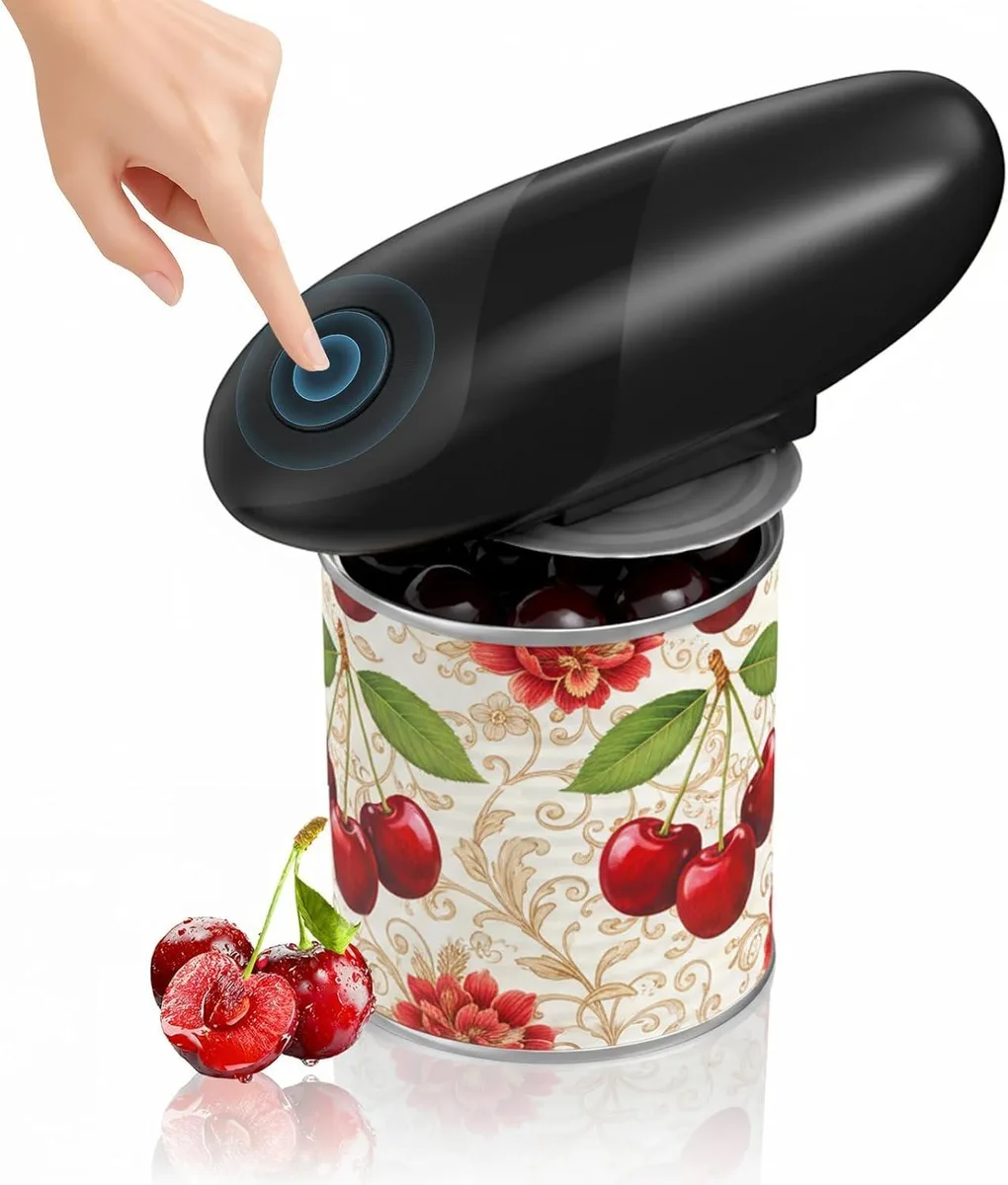 Compact white and silver automatic can opener, 6.25 inches tall, 2.5 inches wide, smooth-edge blade, battery operated