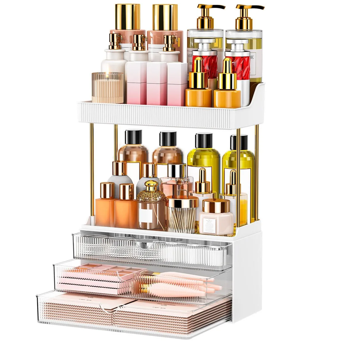 Clear acrylic bathroom organiser with three drawers and two open shelves, polished chrome frame, rectangular tabletop design