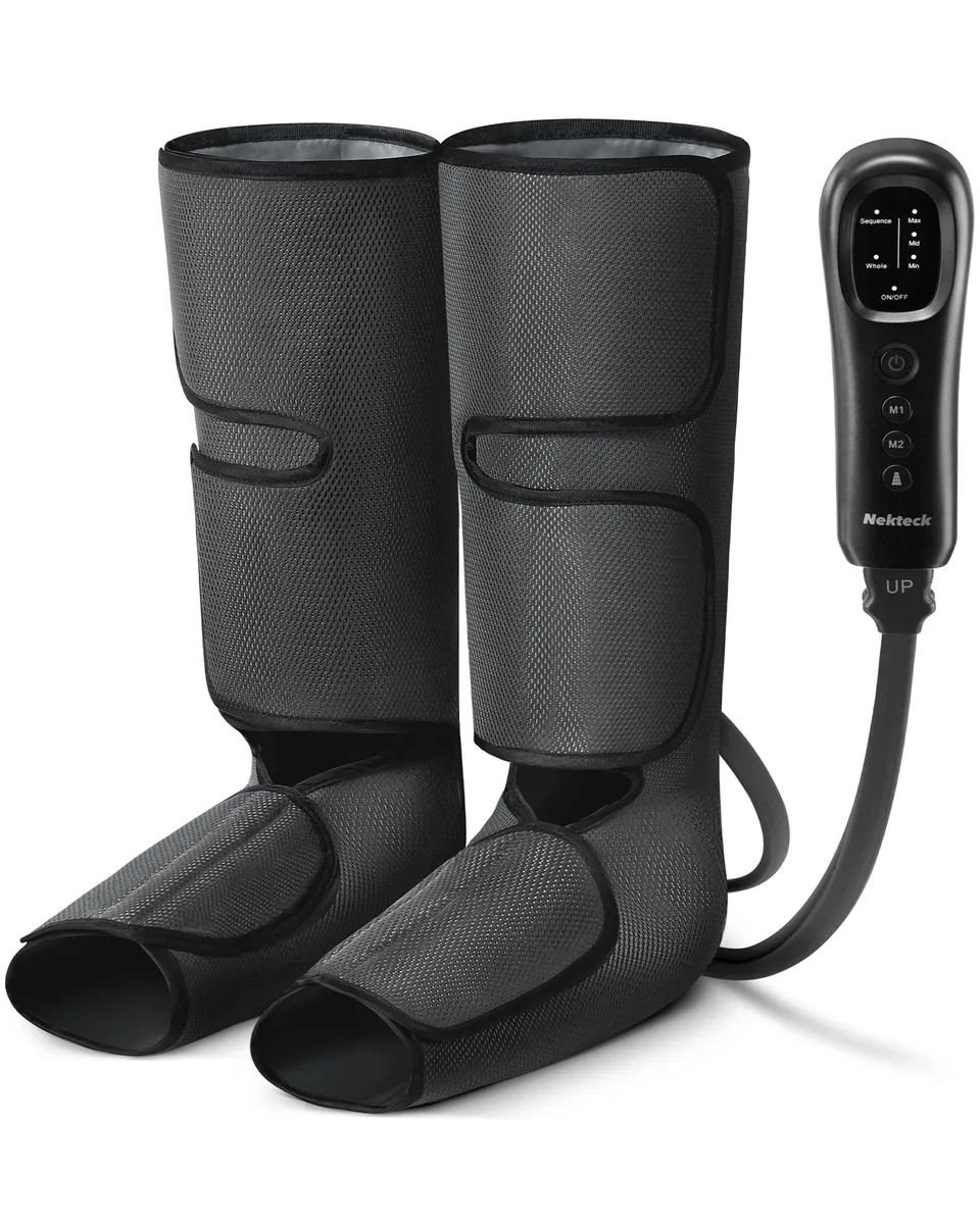 Black foldable leg compression massager with adjustable Velcro straps and handheld controller