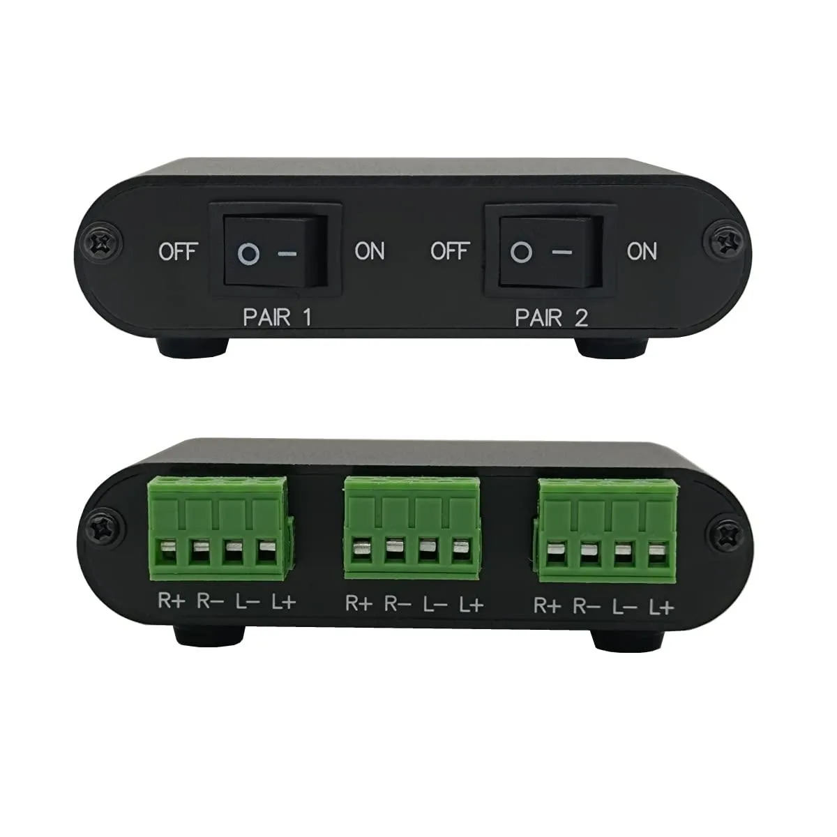 Compact metal box with two toggle switches for A/B speaker zones