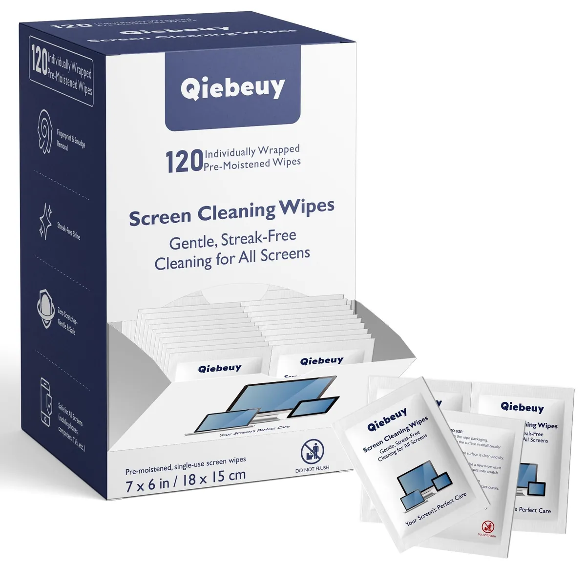 Qiebeuy Screen Cleaner Wipes 120 Count 7 x 6 Inch Blue Interior Care — product photo