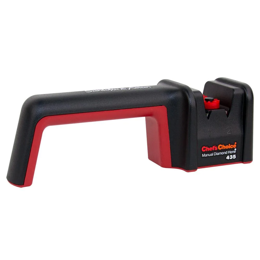 Compact black and red manual knife sharpener with two diamond abrasive stages and precision roller guides