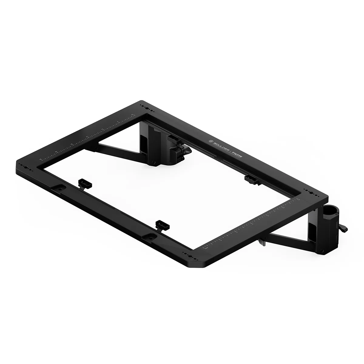 Black metal side-table module clamps to camera cart legs, folds up or down, IGT cutout for inserts, tool-free height-adjustable mount