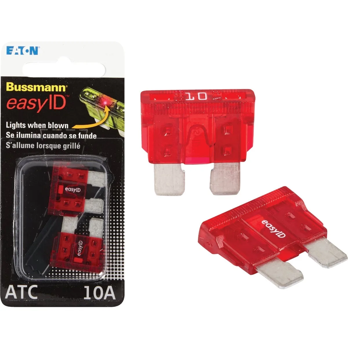 Two red plastic blade fuses with transparent tops