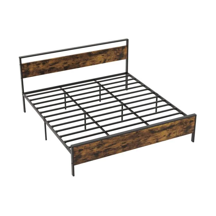 SlickBlue SlickBlue King Metal Bed Frame Industrial Platform Bed with Wooden Headboard Rustic Brown — product photo