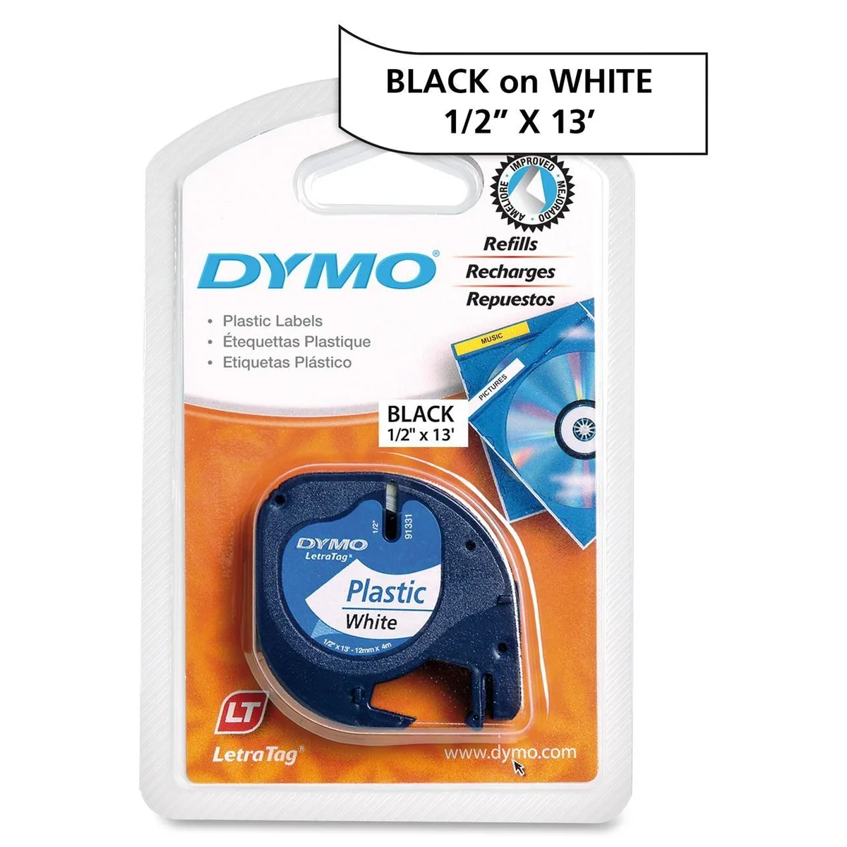 White plastic label tape cartridge, half-inch by thirteen feet, model 91331