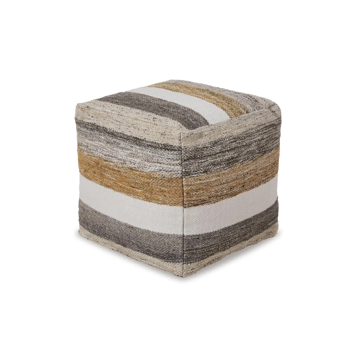 Square wool-blend pouf with striped gray and beige finish, 16 inches cube