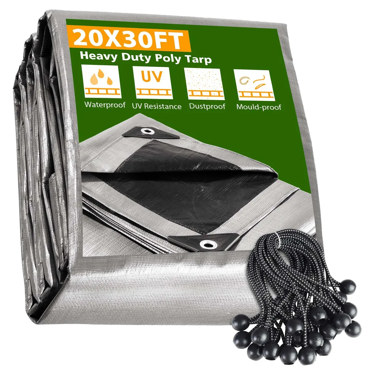 Yescom USA, Inc. Yescom USA, Inc. 07PTRSET001-2030BBC 20x30 ft 10 mil tarp with 25 ball bungees — product photo