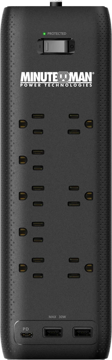 MINUTEMAN MINUTEMAN MMS-STP8U3 surge protector 8 outlets 2 USB-A 1 USB-C 30W 2160 joules 6 ft cord — product photo