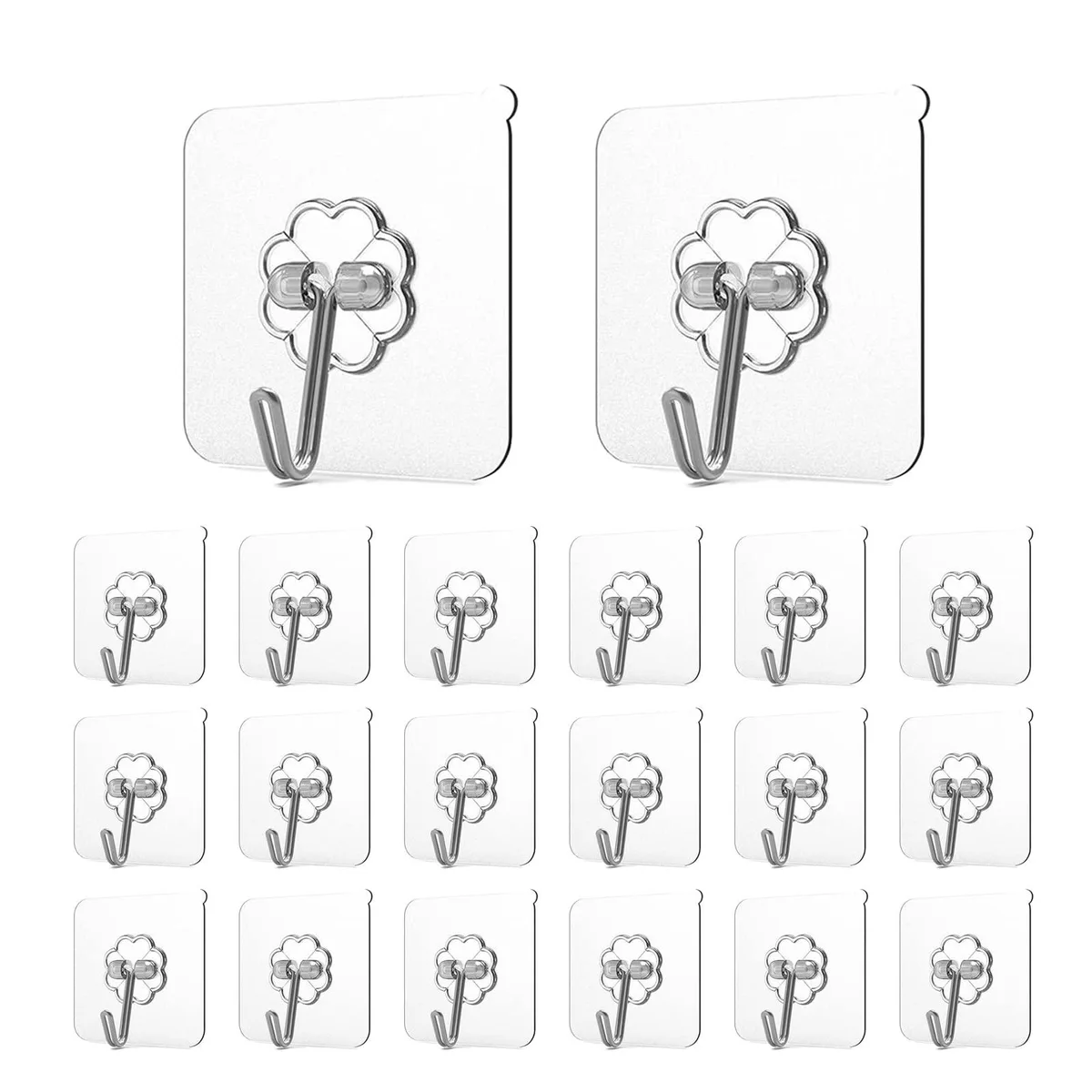 Transparent square adhesive hooks with stainless steel cores, twenty in a pack