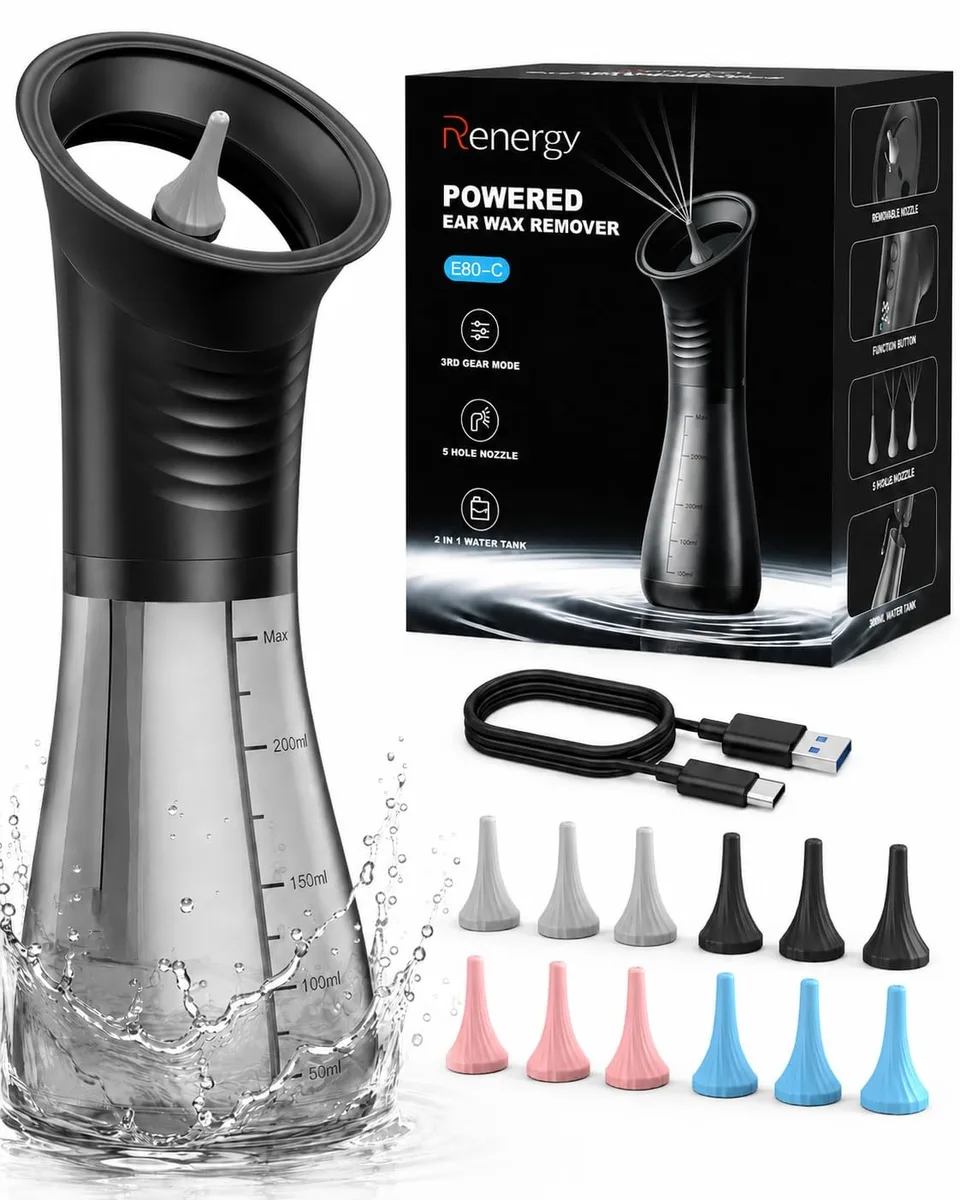 Black electric ear wax removal kit with LED display, dual tanks and 12 nozzles