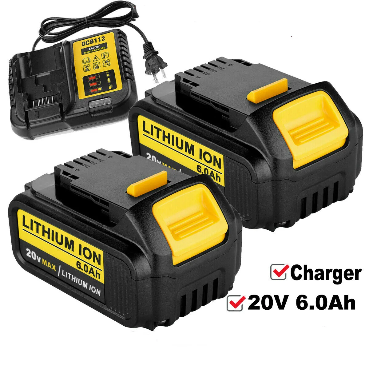 Two black 20V lithium-ion batteries and a DCB112 charger on a plain background