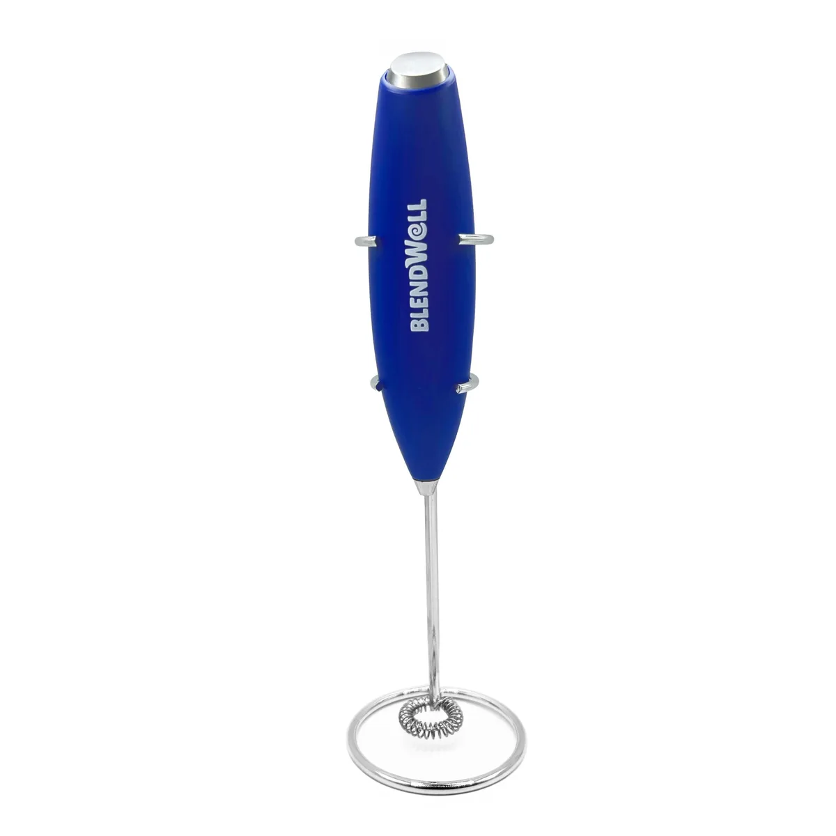 Blue handheld electric milk frother with stainless steel whisk and stand