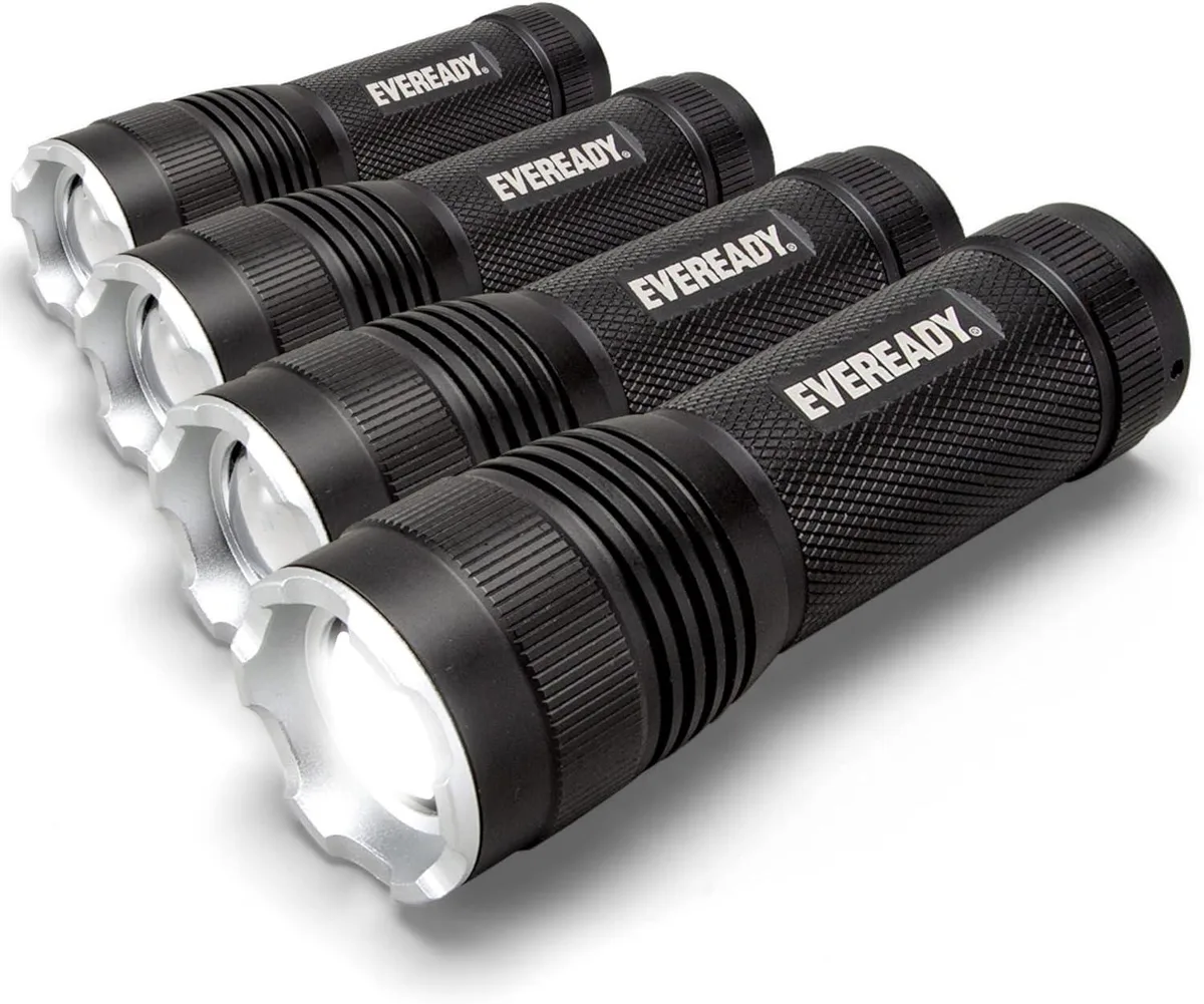 Four compact metal flashlights with lanyards, matte finish, tactical style