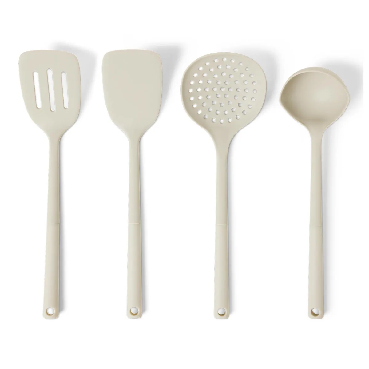 Four linen-gray silicone cooking utensils with soft-touch handles