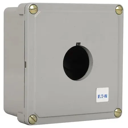 Gray die-cast zinc push button enclosure, two 30 mm holes, 5.88 x 3.88 x 3.00 in