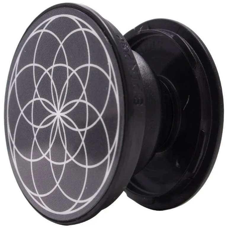 Collapsible phone grip with adhesive base, spin-lock mechanism, black finish