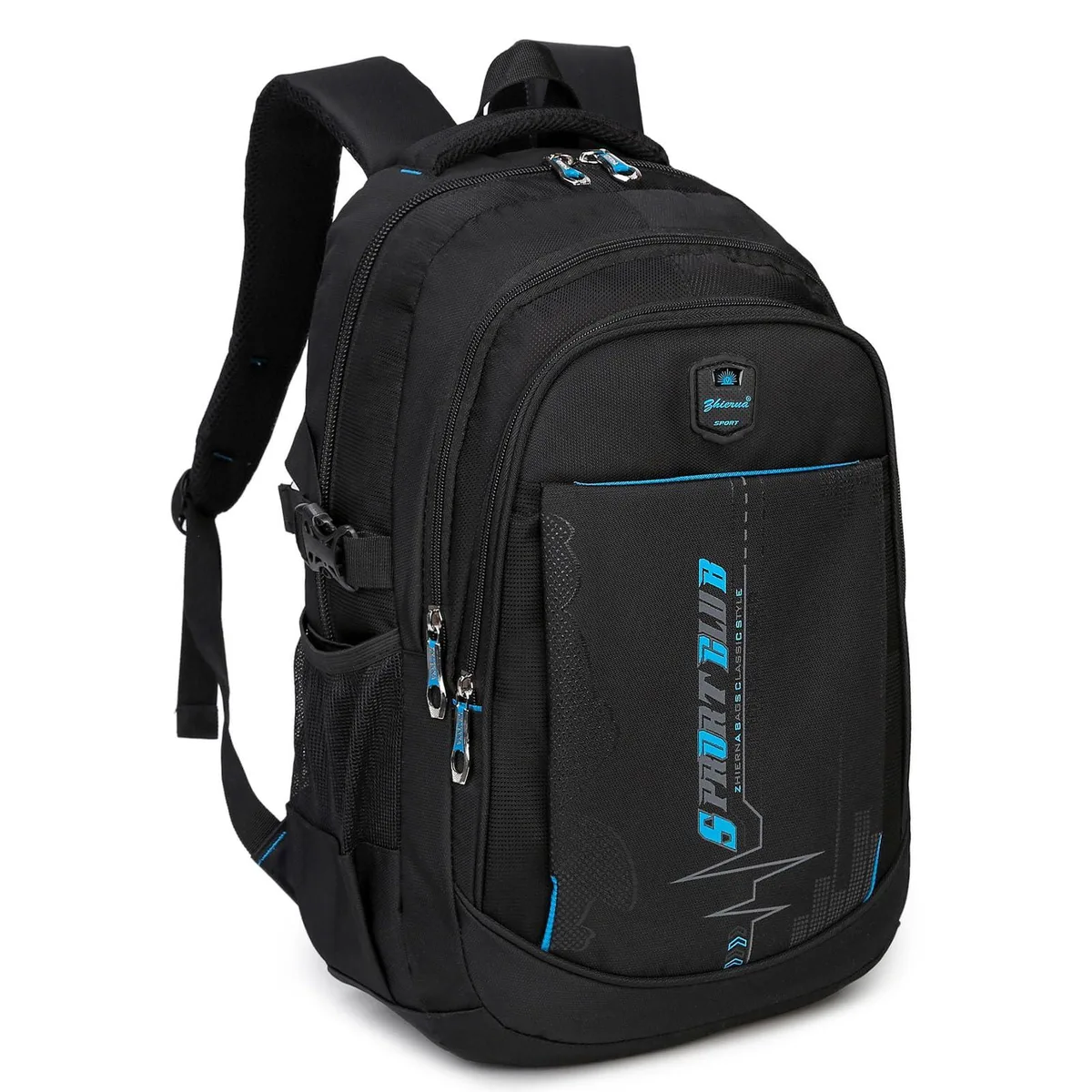Black 22-inch nylon laptop backpack with padded 15.6-inch compartment, side mesh pockets