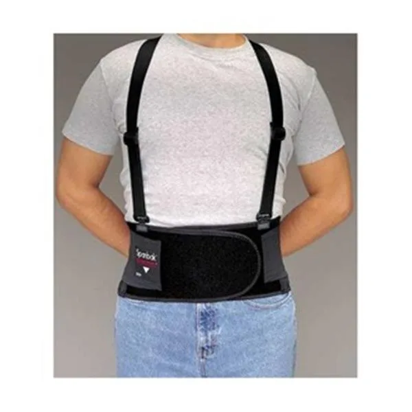 Black XL back-support brace with detachable suspenders, two-stage hook-and-loop closure