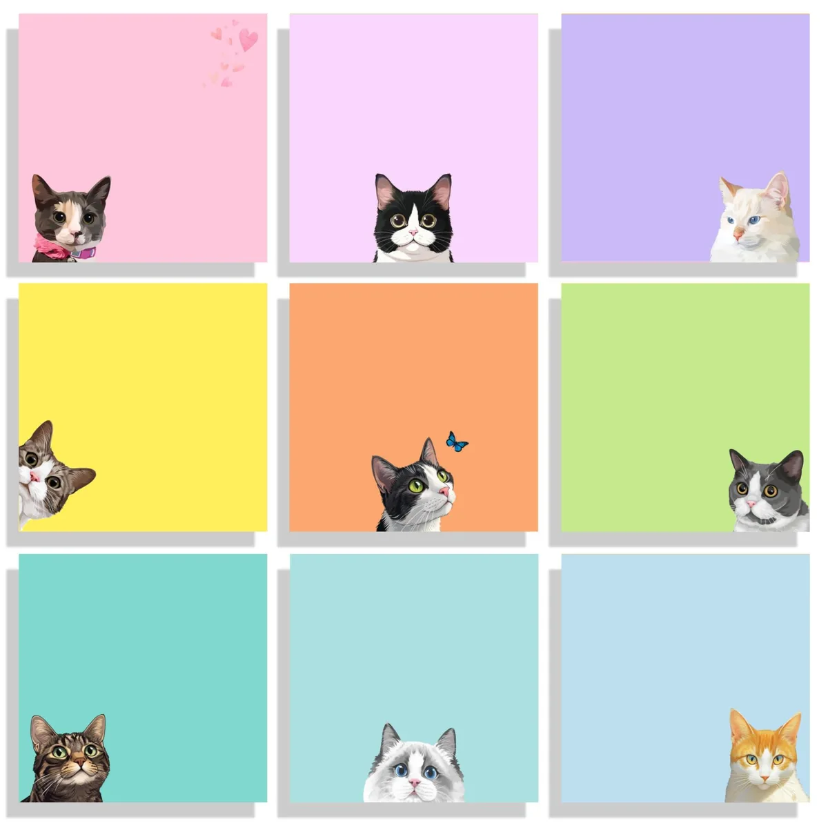 Nine square sticky-note pads with black cat designs in assorted colours, 3 by 3 inches, 50 sheets each