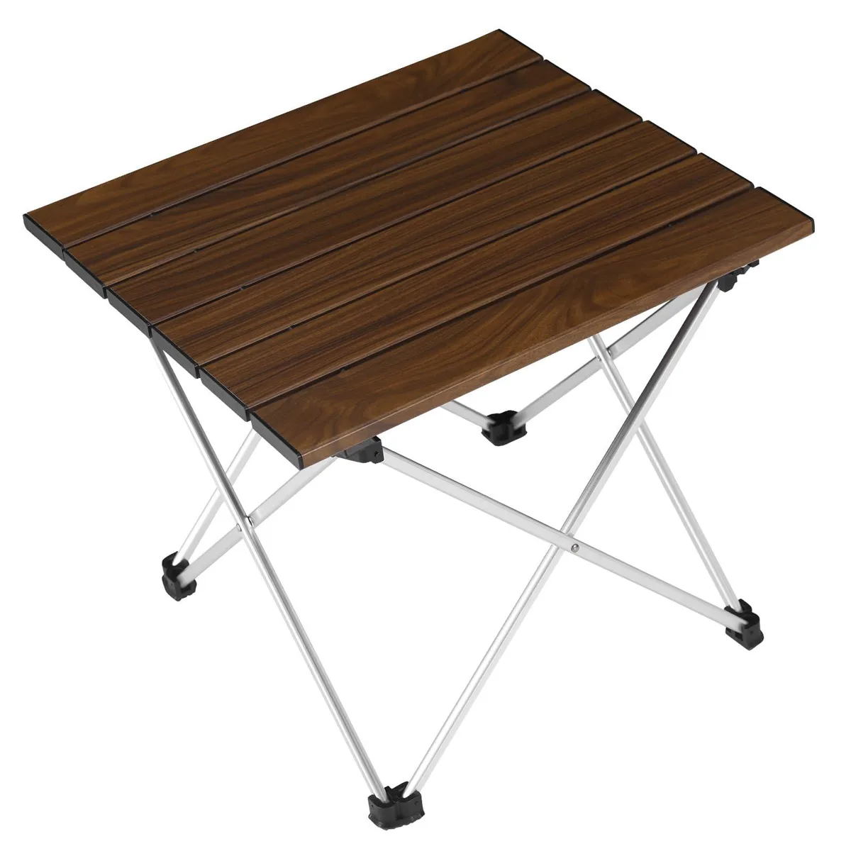 Compact folded aluminium camping table in wood-colour finish, carry bag included