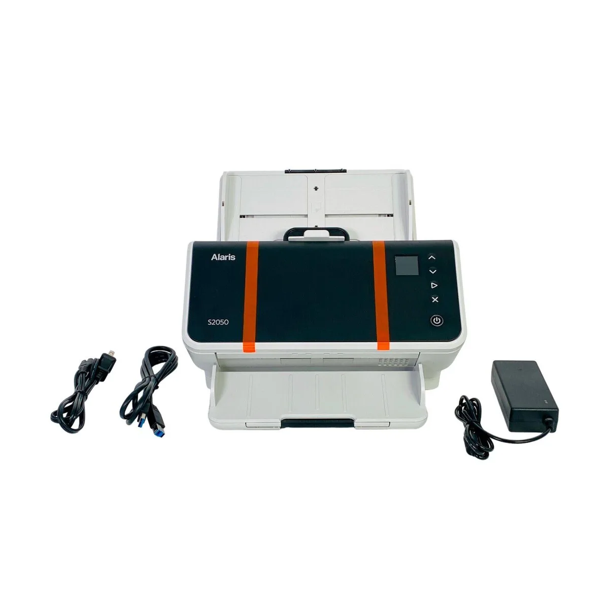 White rectangular sheet-fed document scanner with paper tray and output slot visible