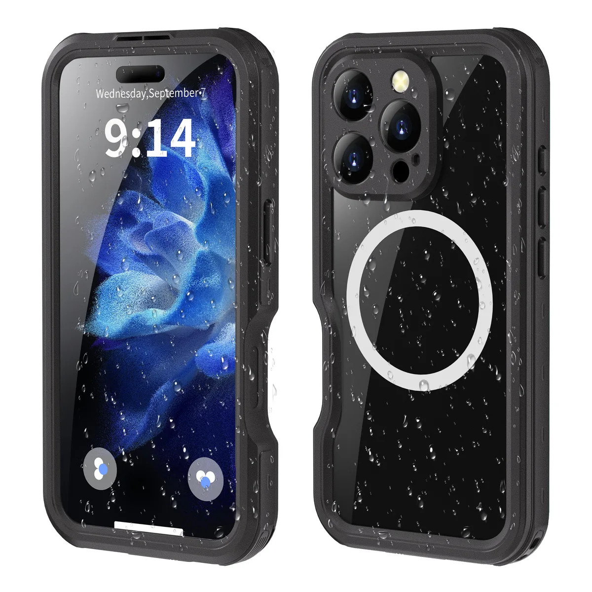 Black translucent magnetic waterproof case with built-in screen protector for iPhone 16 Pro