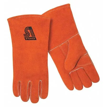 Pair of brown cowhide welding gloves, 14 inch length, medium size, wing thumb, slip-on cuff